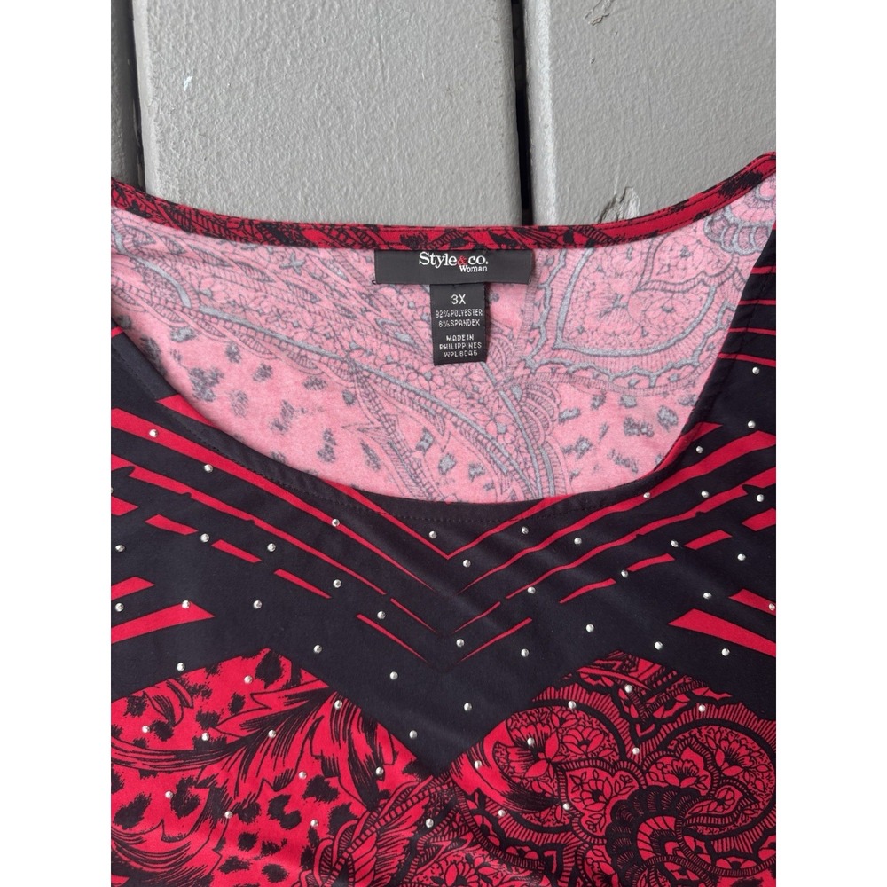Style & Co. Red Black Embellished Tunic Top Dress 3X Teacher Office Grunge Fairy - Picture 2 of 8